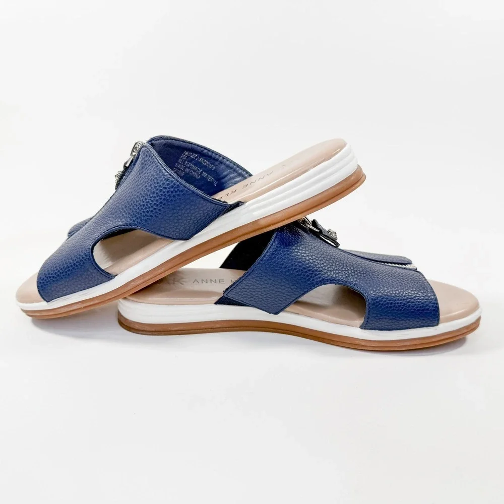Anne Klein Women's Sandals iFlex Navy Blue‎ Zip Front Slide Shoes Size 7M